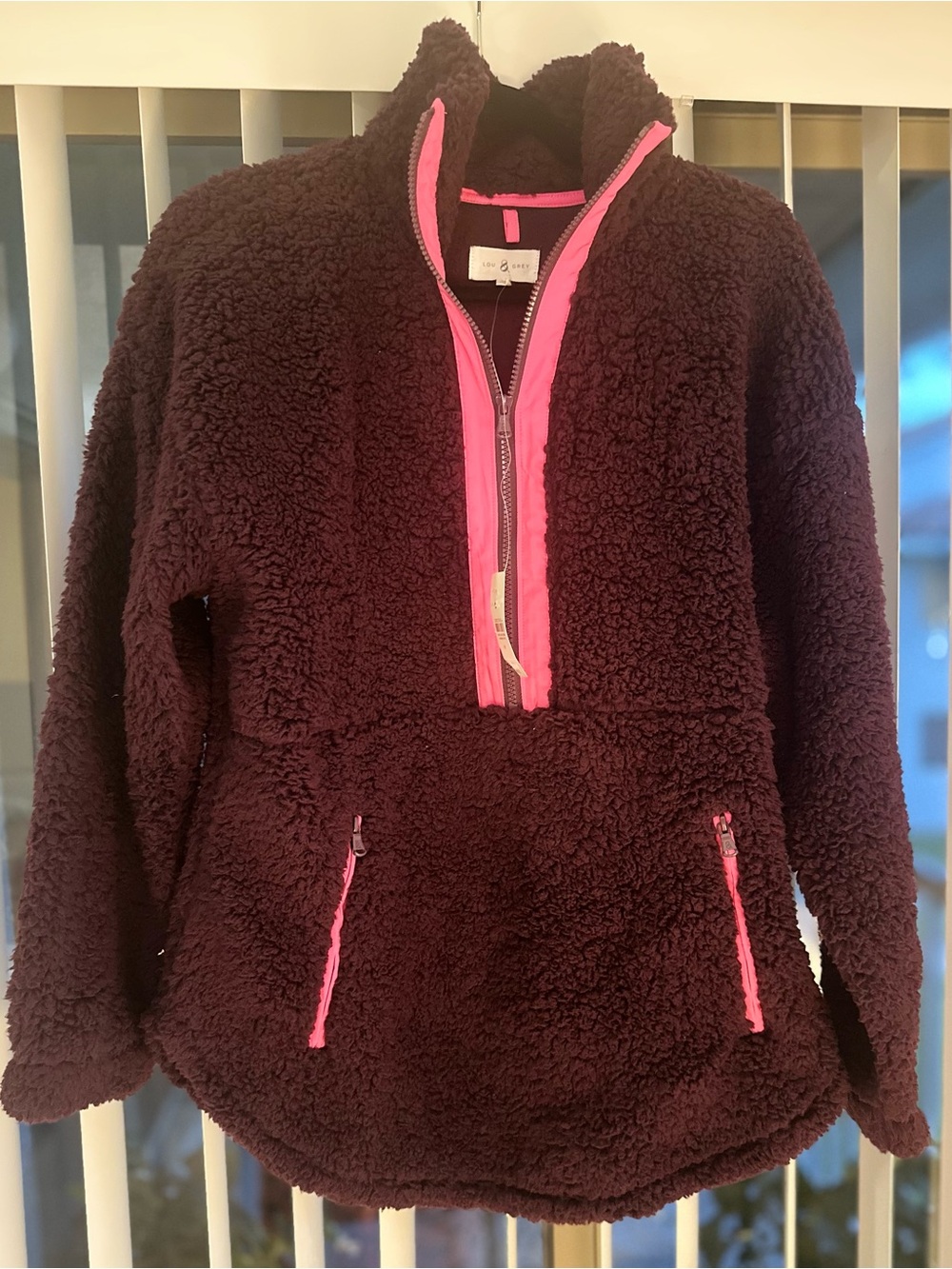 NWT- Lou & Grey Teddy Sherpa Pullover Jacket in Dark Plum with Pink Trim